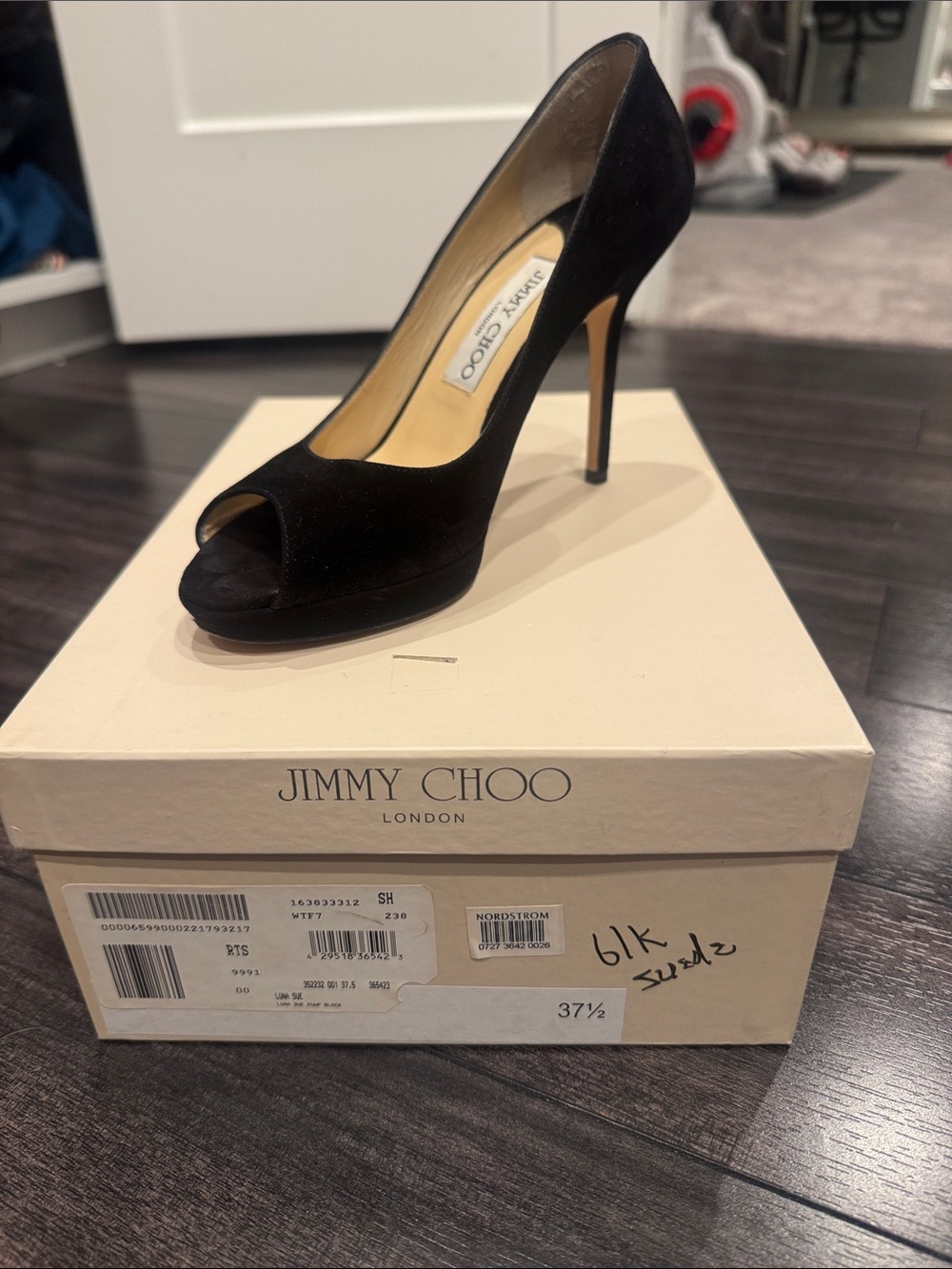 Jimmy Choo Black Suede Peep-Toe Stiletto